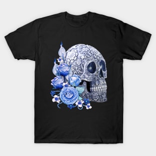 Unique Cool Blue Floral Blue Flowers Skull T-Shirt